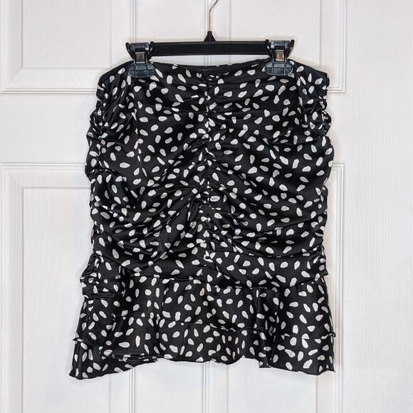 Leche Black & White Polka Dot Pattern Ruched Ruffle Trim Skirt L - Picture 13 of 15